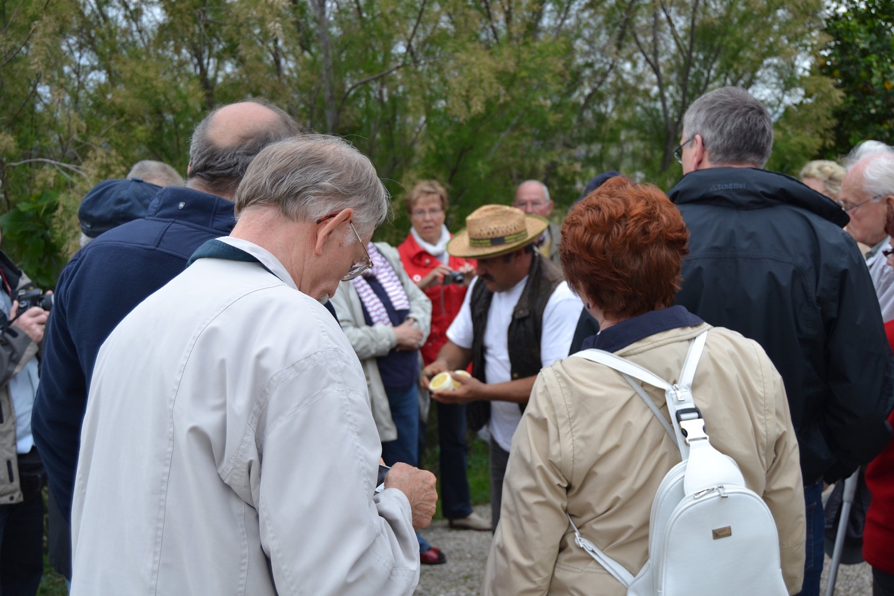 Visitors smelling and tasting citrus with Juanito